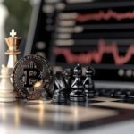 Michael Saylor with Bitcoin graphics and a rising financial chart, symbolizing the potential impact of a $40 billion BTC bet on Strategy’s market position.