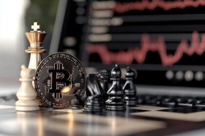 Michael Saylor with Bitcoin graphics and a rising financial chart, symbolizing the potential impact of a $40 billion BTC bet on Strategy’s market position.