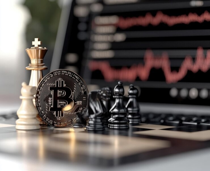 Michael Saylor with Bitcoin graphics and a rising financial chart, symbolizing the potential impact of a $40 billion BTC bet on Strategy’s market position.